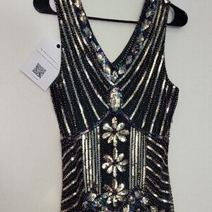 Black Sequin Floral V-Neck Evening Dress